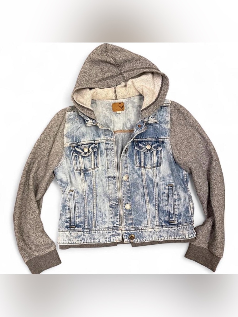 American Eagle Outfitters Y2K Denim Jacket Hoodie Hybrid Acid Wash Sz L